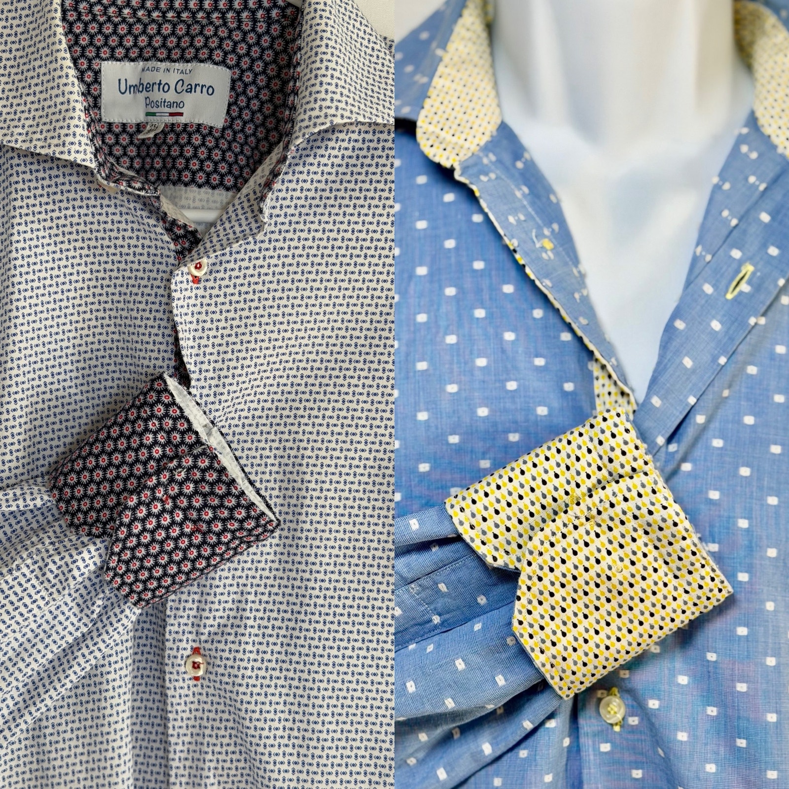 Umberto Carro Positano Men's Italy Geometric Shirt Flip Cuff 15.5 S-M Lot Of 2